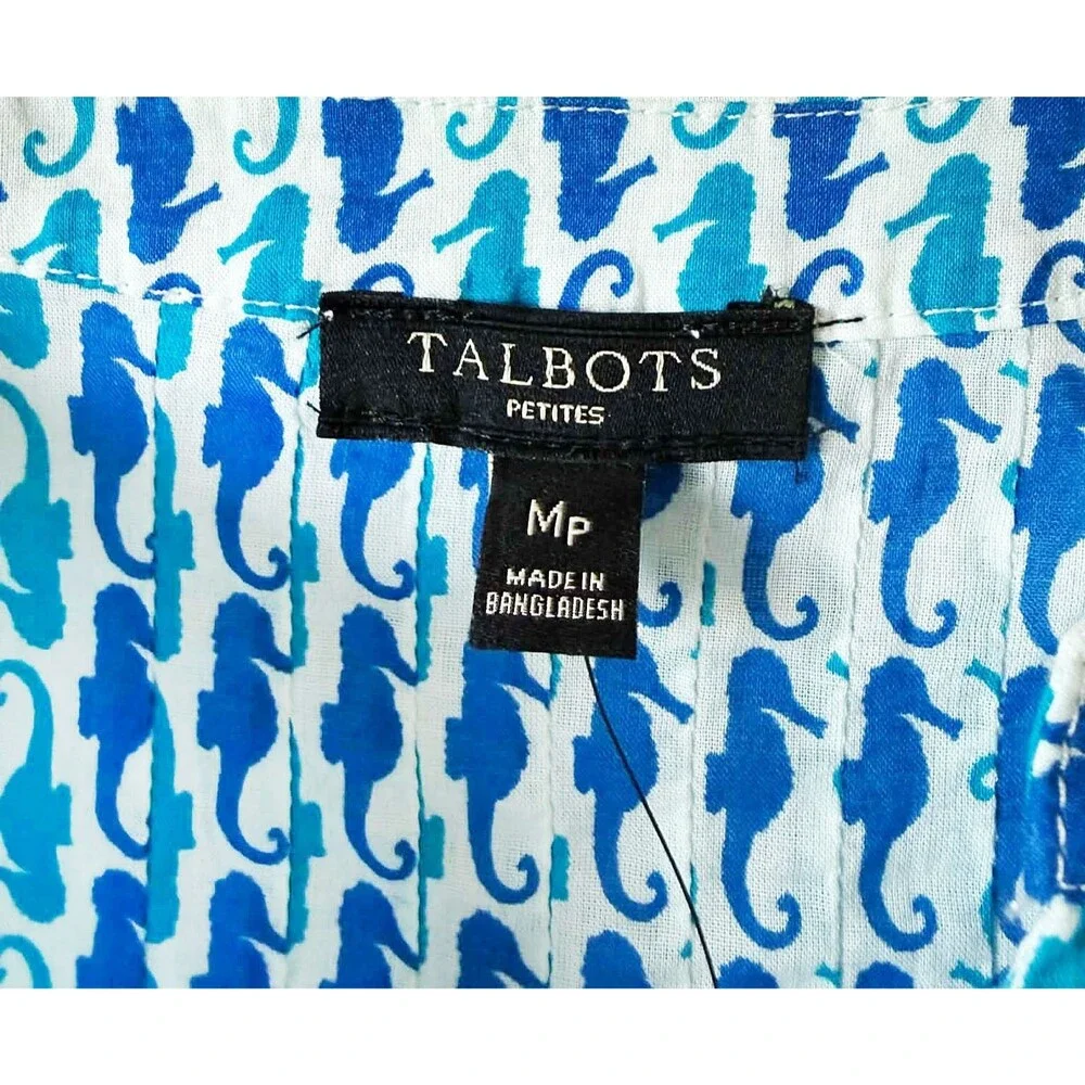NWT TALBOTS MP Medium Petite Popover Tunic Top Seahorse Print Blue Beachy Cotton